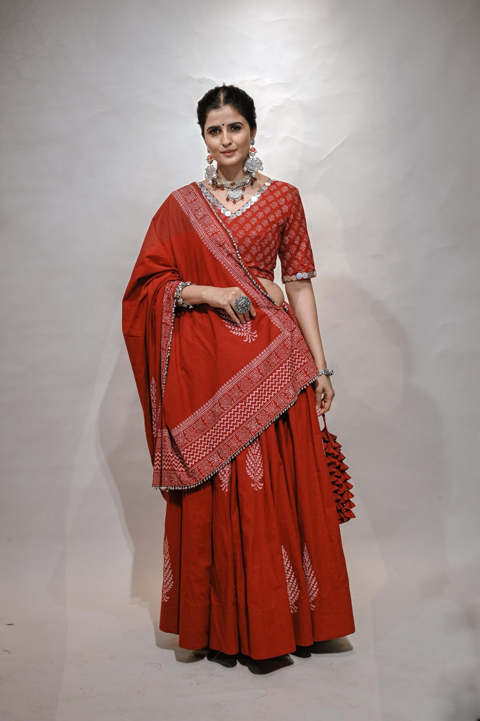 Maroon Chaniya Choli adorned with intricate hand block prints